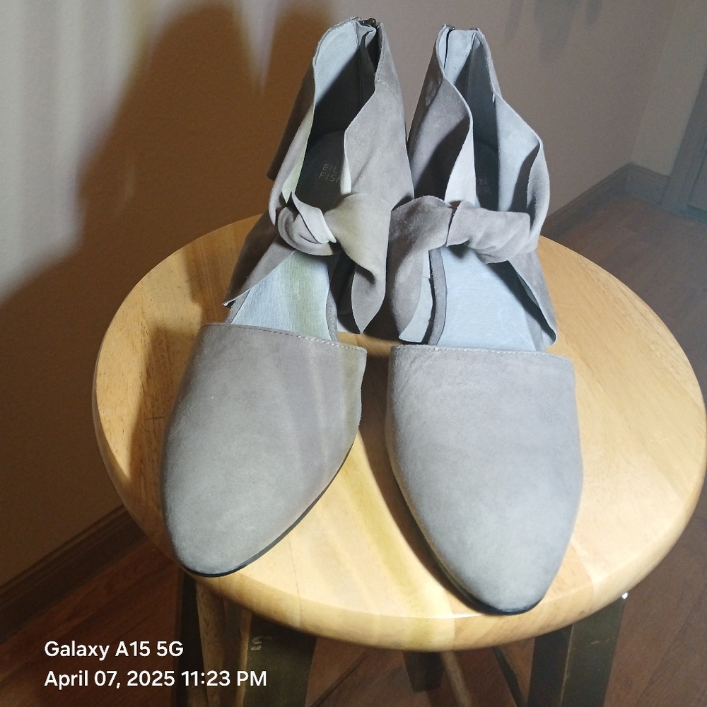 Eileen Fisher Gray Suede Ankle Wrap Block Heels